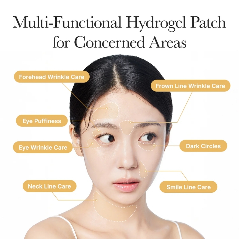 Infographic showing a woman's face with labeled patches for forehead wrinkles, eye puffiness, eye wrinkles, dark circles, smile lines, neck lines, and frown line care (hydrogel patch).