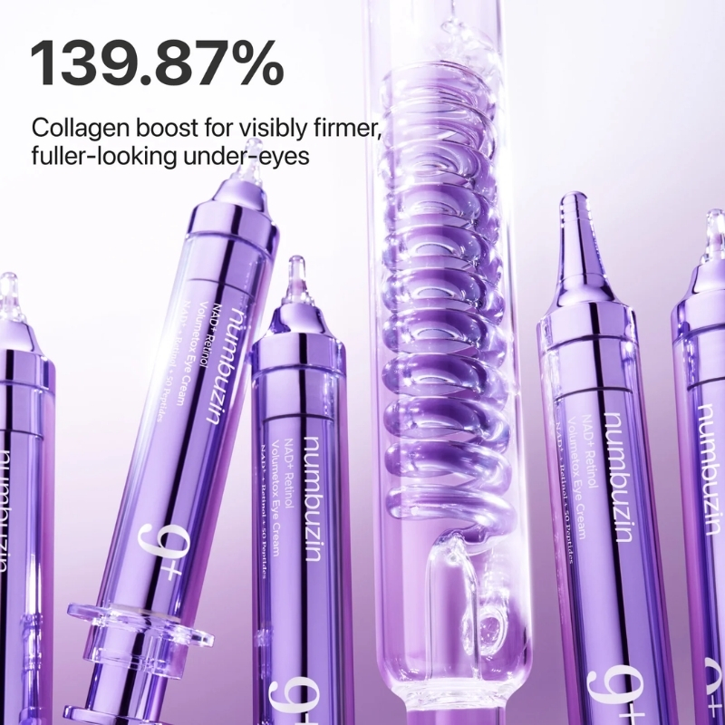 Advertisement for a collagen under-eye treatment featuring purple syringe-like applicators and the headline '139.87%' with the caption 'Collagen boost for visibly firmer, fuller-looking under-eyes'