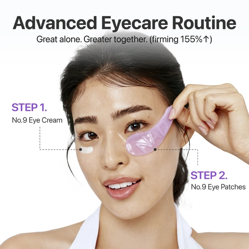 Woman applying pink under-eye patches as part of an Advanced Eyecare Routine, showing STEP 1 and STEP 2 labels (eye cream and eye patches).