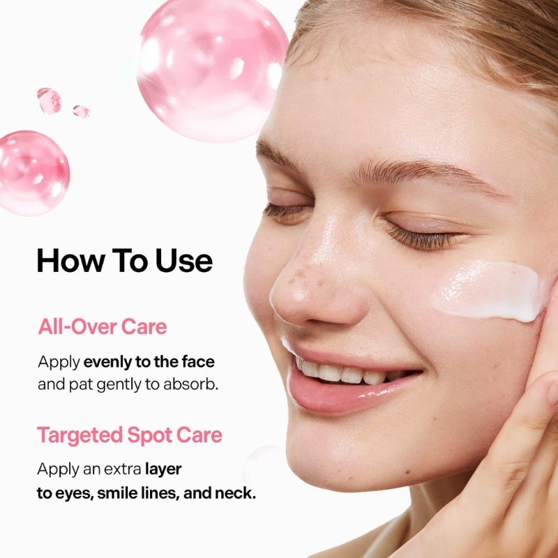 Skincare infographic: woman applying cream to cheek, with directions for All-Over Care and Targeted Spot Care.