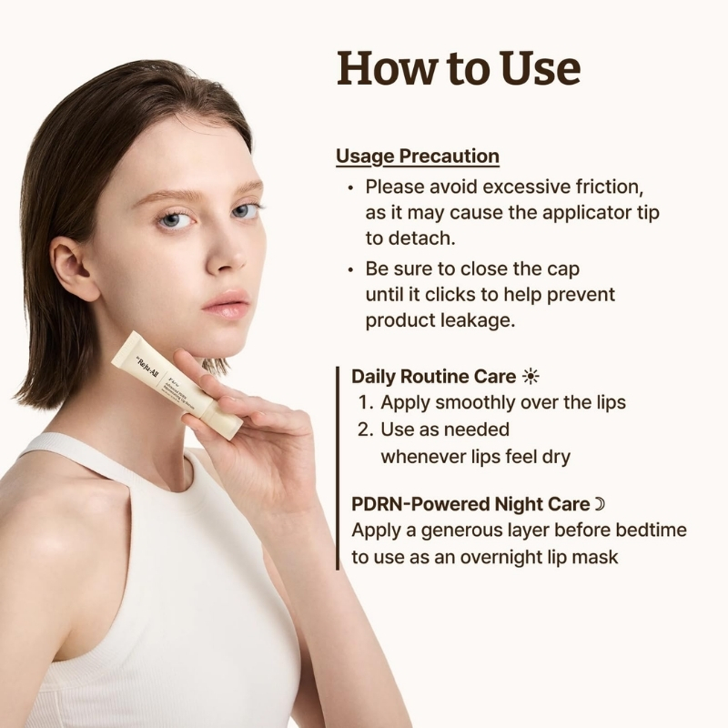 Woman applying lip balm beside a beige instructional panel labeled ‘How to Use’ with usage tips and nightly care steps.
