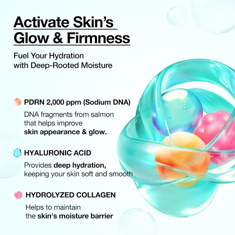 Advertisement for Activate Skin's Glow & Firmness showing product benefits like deep hydration and skin glow with ingredients PDRN DNA, HYALURONIC ACID, and hydrolyzed collagen.