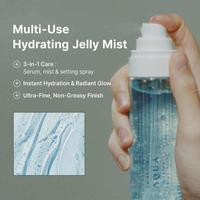 Promo image for Multi-Use Hydrating Jelly Mist: hand pressing a spray bottle with blue liquid and listed benefits (3-in-1 care, instant hydration & radiant glow, ultra-fine finish).