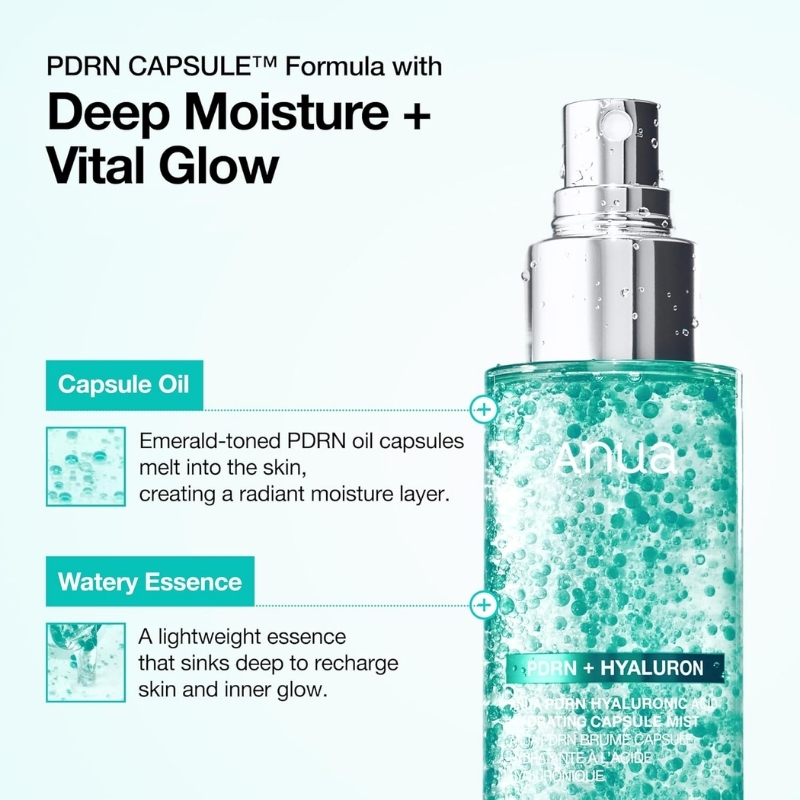 Infographic of a teal skincare bottle showing Capsule Oil and Water Essence ingredients; explains oil capsules melt into skin to boost moisture and inner glow.