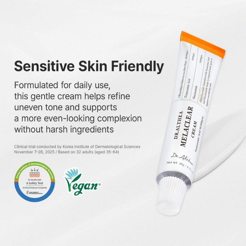 Banner-style image advertising a skin cream with the headline 'Sensitive Skin Friendly' and a tube on the right, plus vegan and safety logos on the left.