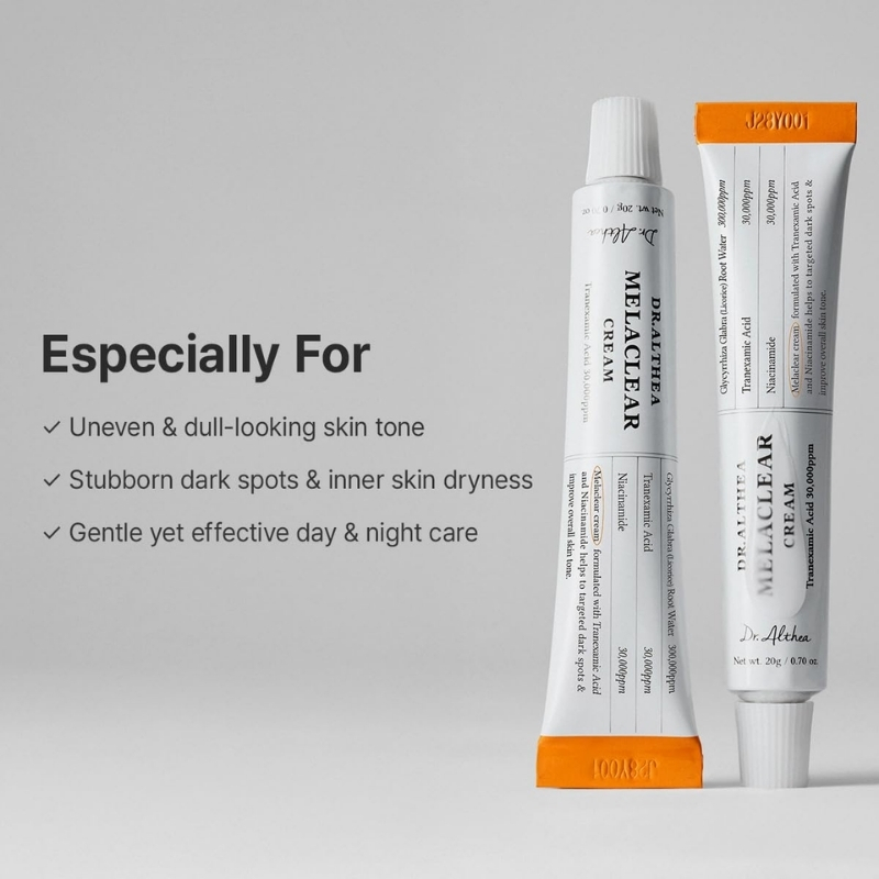 Skincare ad with two white and orange tubes on the right and a bullet list of benefits on the left (uneven skin tone, dark spots, day & night care).