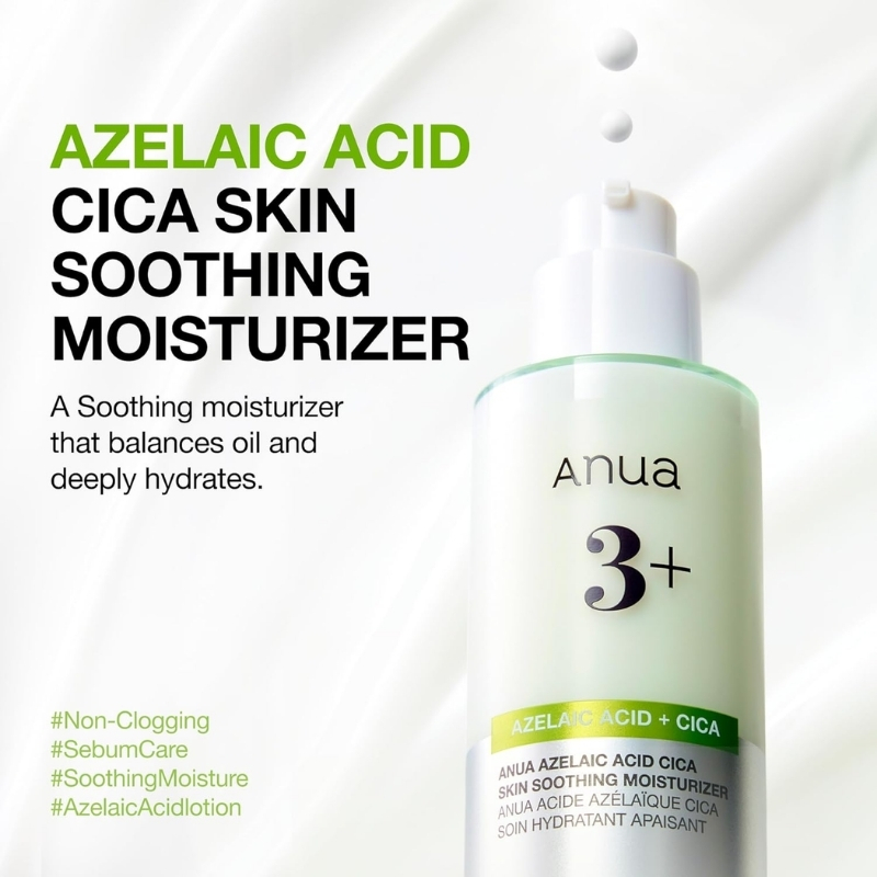Green-accented bottle of azelaic acid moisturizer (Anua 3+) with bold product copy on a white background.
