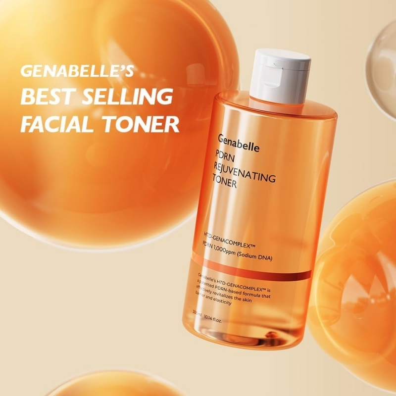 Promotional image showing a tilted orange-toned bottle labeled Genabelle's Best Selling Facial Toner against an orange background with abstract spheres.