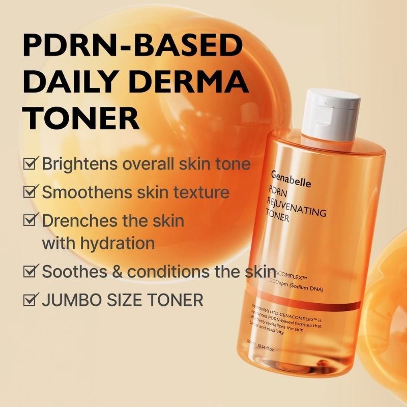 PDRN-based daily derma toner bottle with a benefits checklist: brightens tone, smooths texture, hydrates, soothes skin, jumbo size note.