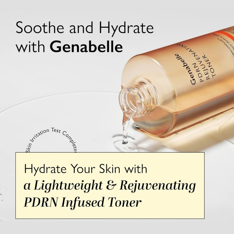 Advert for Genabelle toner: a peach-toned bottle pours liquid, with the message 'Hydrate Your Skin with a Lightweight & Rejuvenating PDRN Infused Toner' in a pale box on a light background