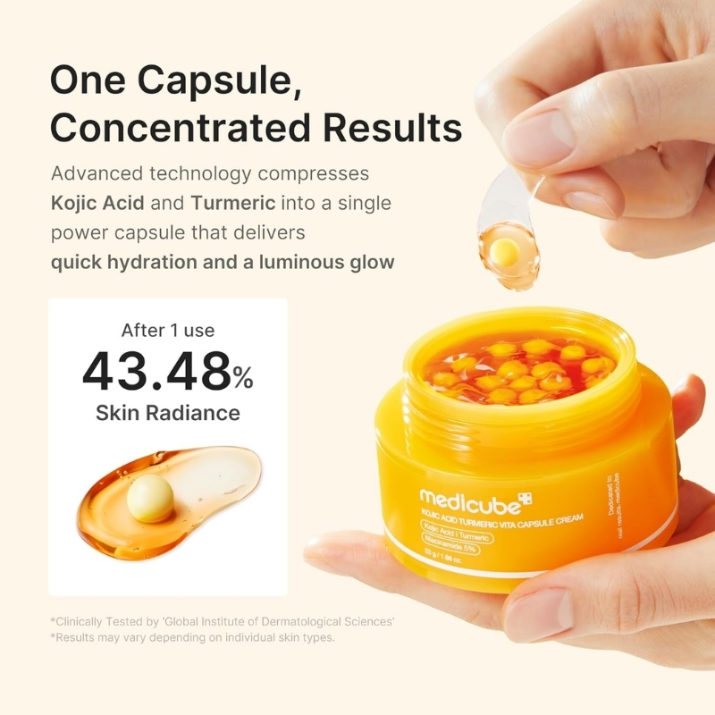 Ad for a capsule cream: hands hold an orange jar while dropping a capsule; claims 43.48% skin radiance after one use.