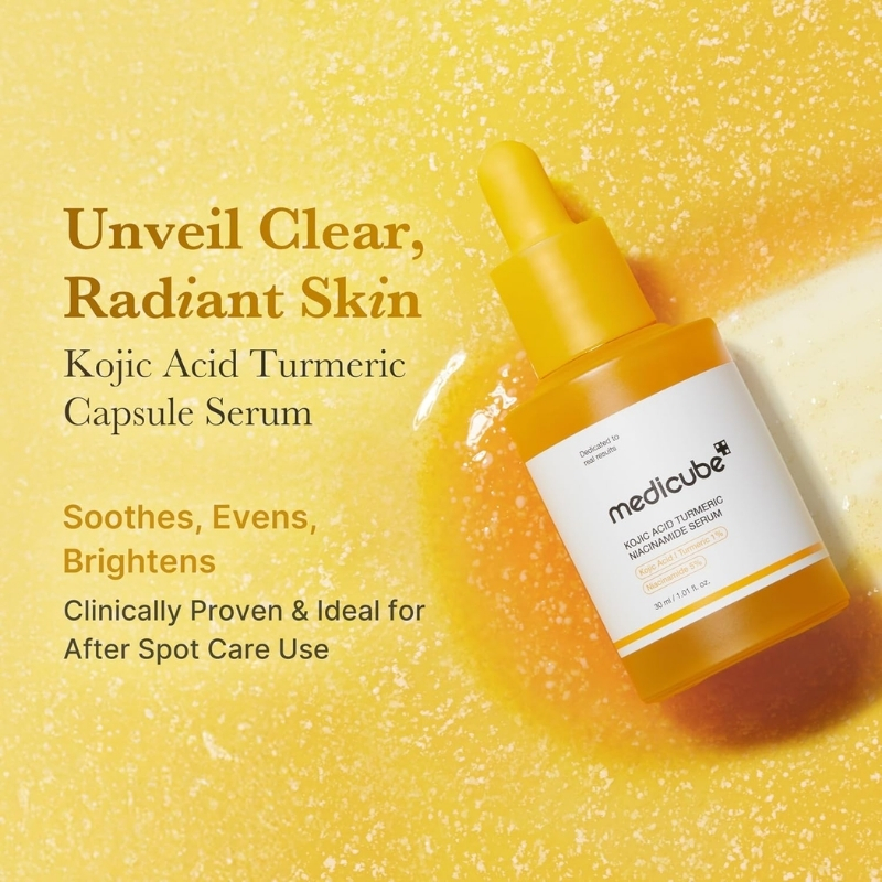 Bright yellow background with a dropper serum bottle labeled Kojic/ Turmeric/ Niacinamide; text reads 'Unveil Clear, Radiant Skin'.
