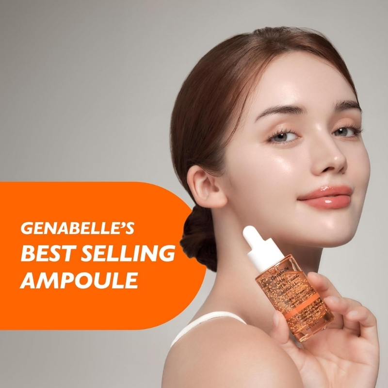 Close-up of a smiling woman holding an amber dropper bottle of ampoule, with an orange promo panel reading Genabelle’s Best Selling Ampoule on the left.