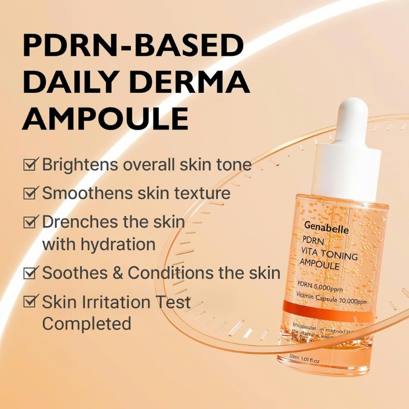 PDRN-based daily derma ampoule with a five-item benefit checklist on a peach background: brightens, smooths, hydrates, soothes, and tests for irritation.