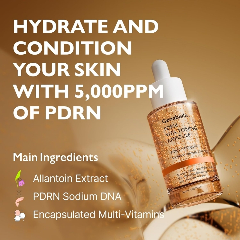 Promotional skincare serum bottle on a gold background with a headline about hydrating skin and PDRN.