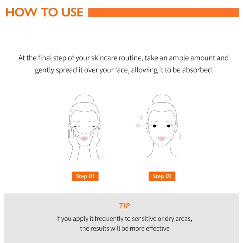 How to use skincare guide: Step 01 shows massaging face, Step 02 shows applying product to a glowing face, with a gray tip box below.