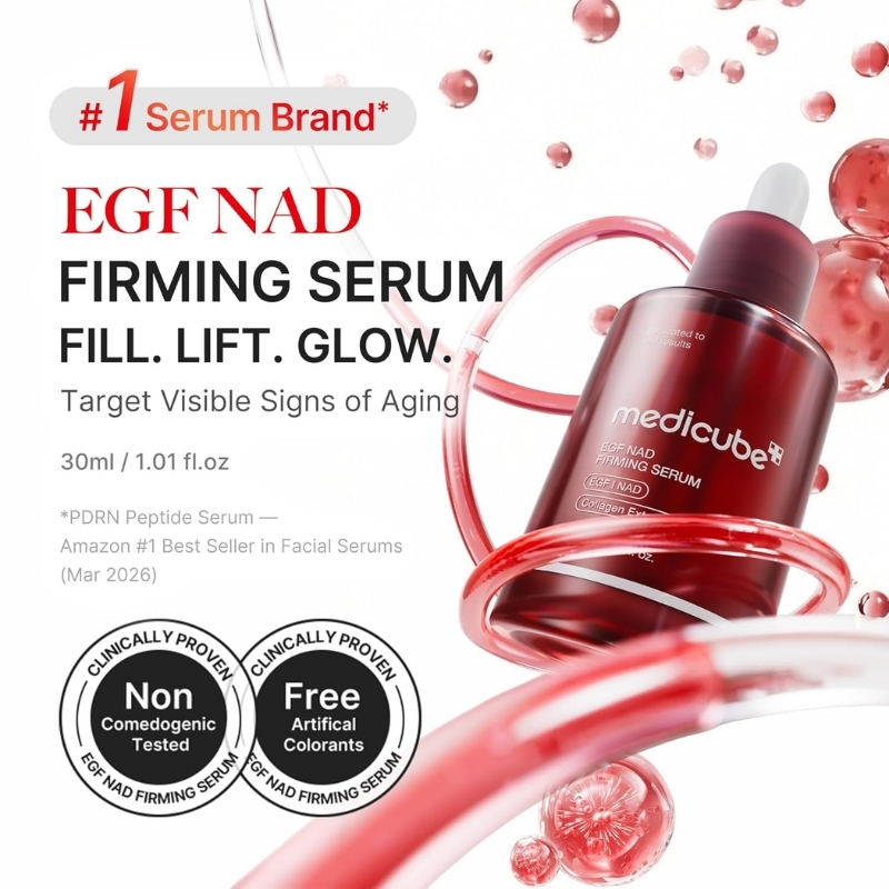 Red Medicube serum bottle with droplets and curved pink streams, featuring text 'EGF NAD FIRMING SERUM' and 'Target Visible Signs of Aging'