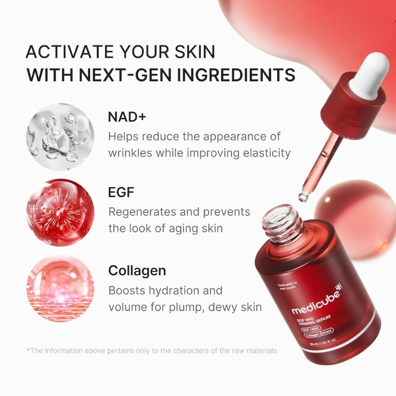 Skincare ad: red dropper serum bottle on the right; lists NAD+, EGF, Collagen with anti-aging benefits.