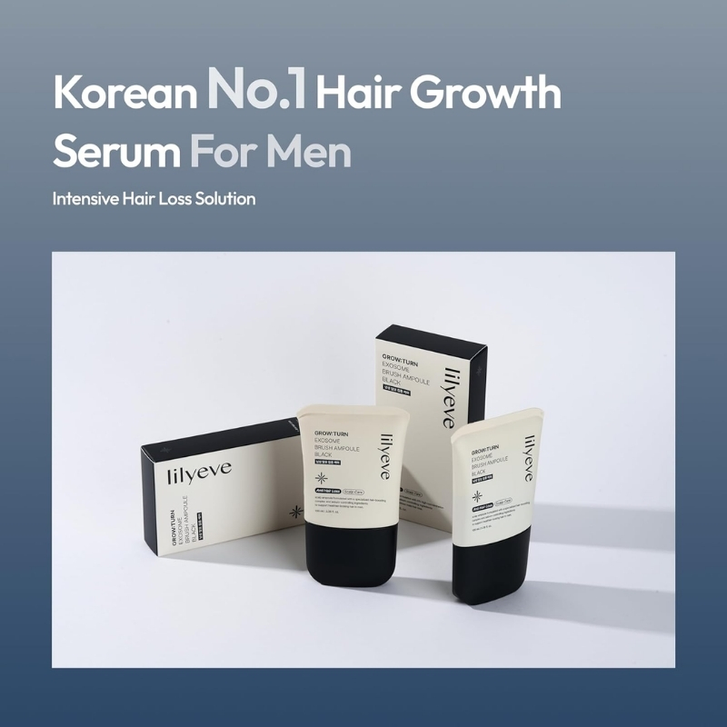 Advertisement for Lilyeve hair growth serum for men; shows three beige tubes with black caps and matching boxes on a white surface.