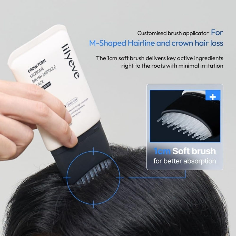 Hand applying a white tube of LIVELyE product with a 1 cm soft brush to the scalp, demonstrating targeted application for hair loss treatment.