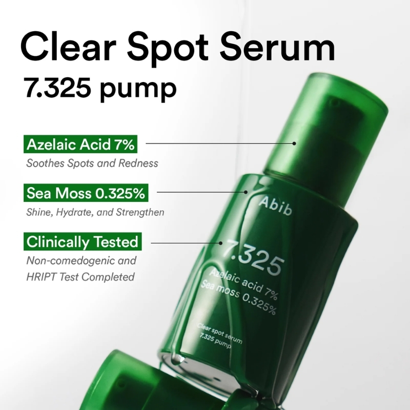 Infographic of a green Clear Spot Serum bottle with three labeled benefits: Azelaic Acid 7%, Sea Moss 0.325%, and Clinically Tested.
