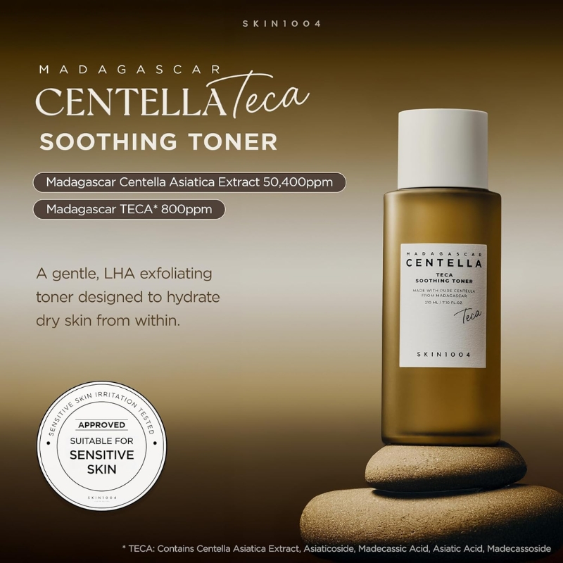 Bottle of Madagascar Centella TECA Soothing Toner on stacked stones; highlights: Centella Asiatica Extract 50,400ppm and TECA 800ppm; suitable for sensitive skin; hydrating exfoliating toner.