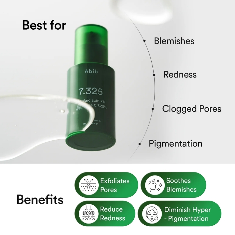 Green Abib serum bottle with an infographic list of skin benefits: exfoliates pores, reduces redness, soothes blemishes, diminishes pigmentation.