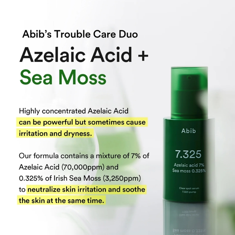 Product advert for Abib's Azelaic Acid + Sea Moss serum; features a green bottle and highlighted text about soothing irritated skin and neutralizing irritation.