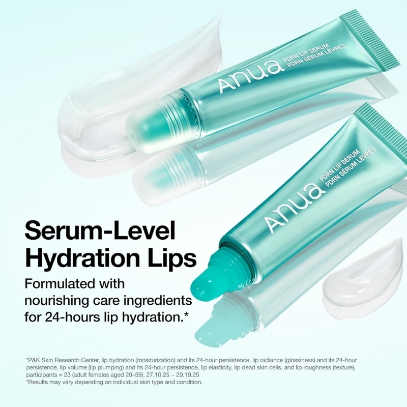 Anua Serum-Level Hydration Lips two turquoise tubes with applicator tips promoting 24-hour lip hydration (brand name visible)