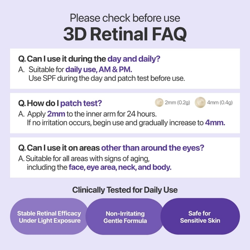 FAQ infographic for 3D Retinal: daily use, patch testing, and areas around the eyes; bottom features three purple bubbles: Stable Retinal Efficacy Under Light Exposure, Non‑Irritating Gentle Formula, Safe for Sensitive Skin.