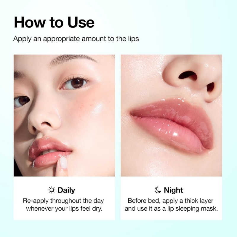 Two-panel lip care guide: left panel shows daytime re-application for dry lips; right panel shows applying a thick night lip mask before bed.