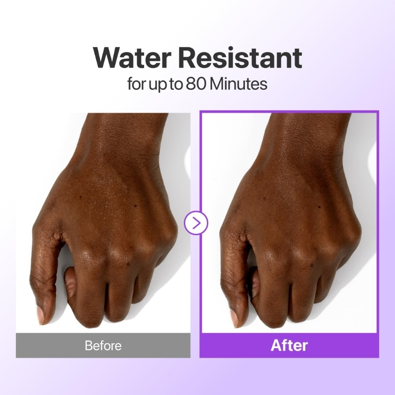 Before and after comparison of a hand showing water resistance; left panel 'Before', right panel 'After' with a purple frame and arrow.