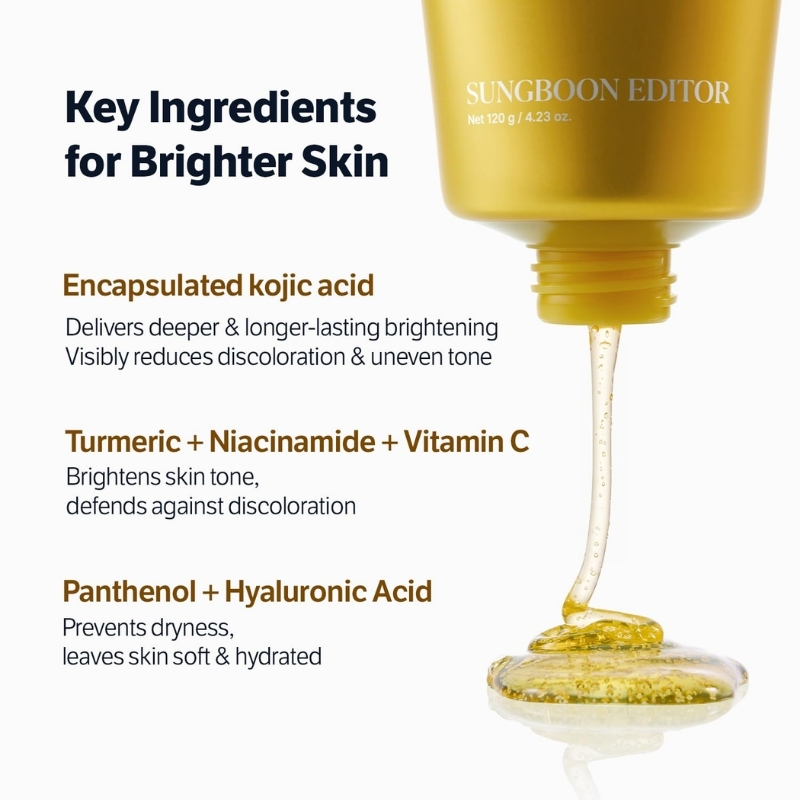 Key skin-brightening ingredients list: Encapsulated kojic acid; Turmeric + Niacinamide + Vitamin C; Panthenol + Hyaluronic Acid, with a golden serum bottle on the right.