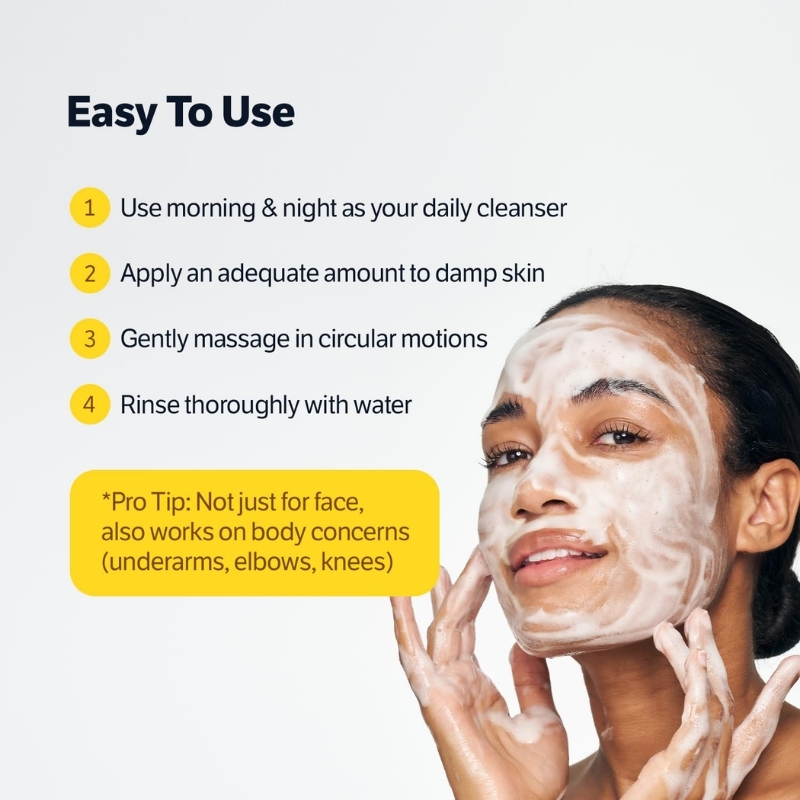 Infographic titled 'Easy To Use' showing four steps for cleanser use with a woman applying foam on her face to the right.