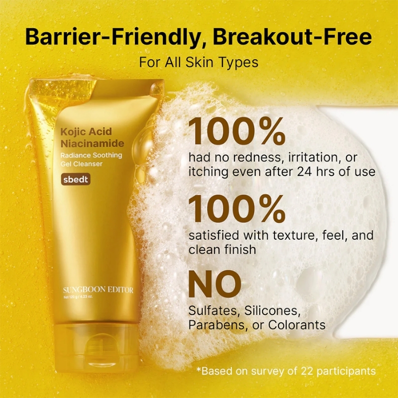 Golden tube of Kojic Acid Niacinamide Gel Cleanser with foam on a yellow background; highlights no redness or irritation and no sulfates.
