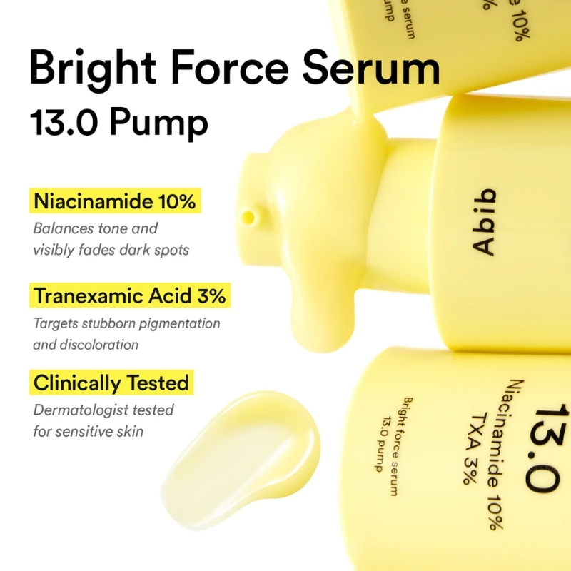 Bright Force Serum product image showing 13.0 pump with highlighted Niacinamide 10% and Tranexamic Acid 3%, clinically tested for sensitive skin on a white background.