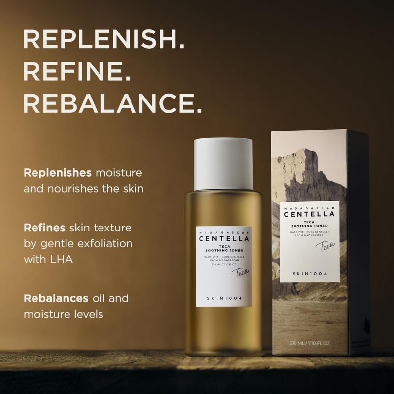 Centella skincare ad featuring a golden-toned toner bottle and matching box on a brown backdrop, with the headline REPLENISH. REFINE. REBALANCE.