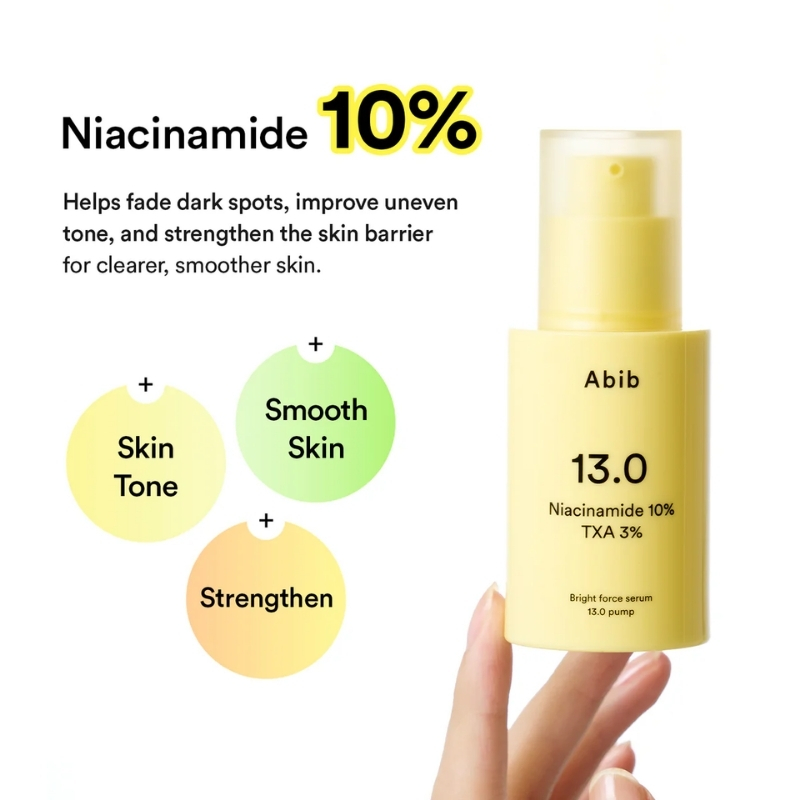 Yellow bottle of Abib Niacinamide 10% serum held in hand, text highlights skin tone, smooth skin, and strength benefits.