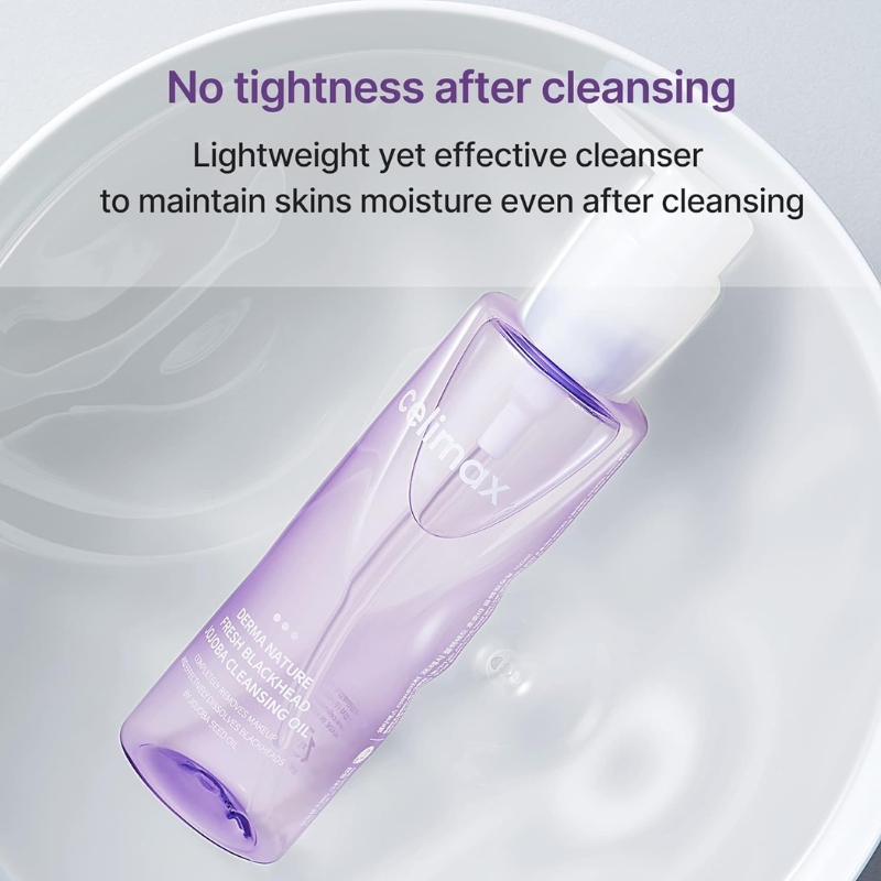 Purple cleansing oil bottle in a white sink, with text claiming no tightness after cleansing.
