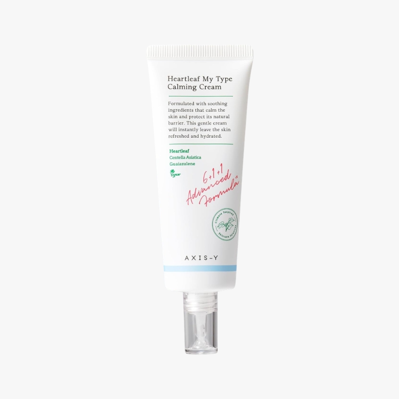Tube of Axis-Y Heartleaf My Type Calming Cream with a light blue band and clear cap, standing upright.