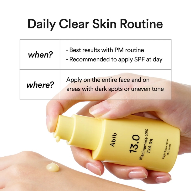 Infographic about a daily clear skin routine showing when and where to apply the product; a yellow Abib bottle is being squeezed over the hand below the text.