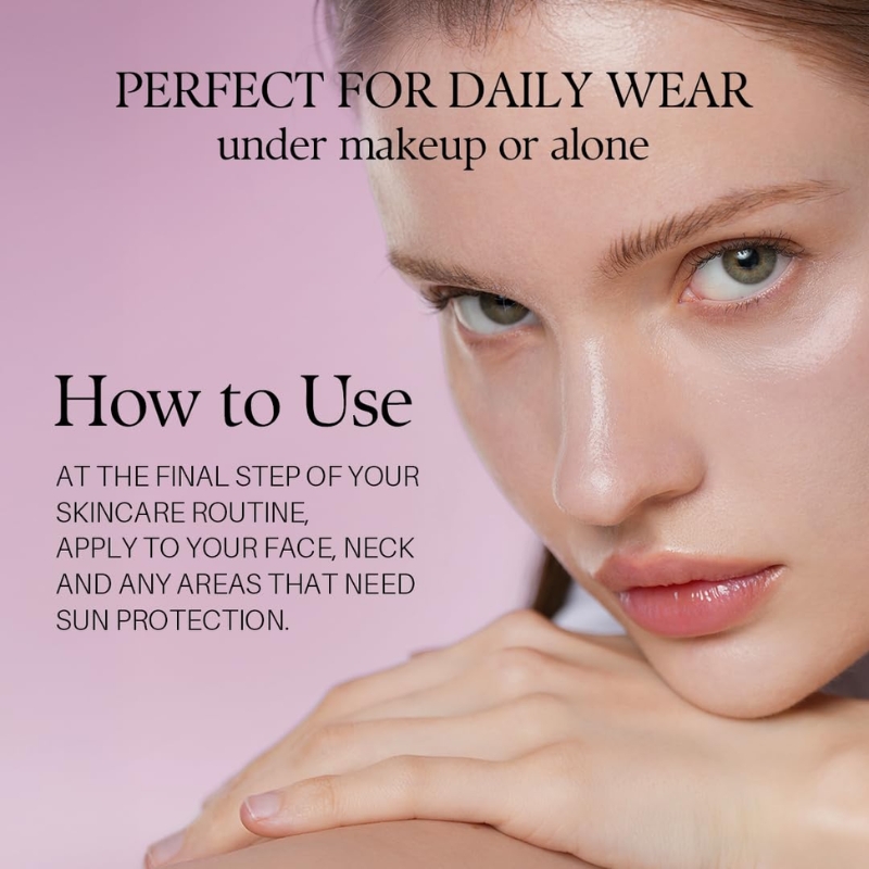 Close-up of a woman's face on a pink background; ad copy promotes daily-wear sunscreen for face and neck, used last in skincare routine.