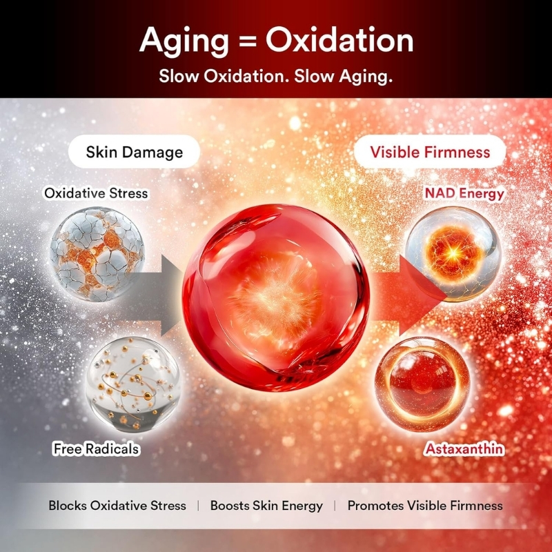Infographic showing aging as oxidation with damaged skin cells and antioxidants boosting energy and firming skin, featuring NAD energy and astaxanthin signatures.