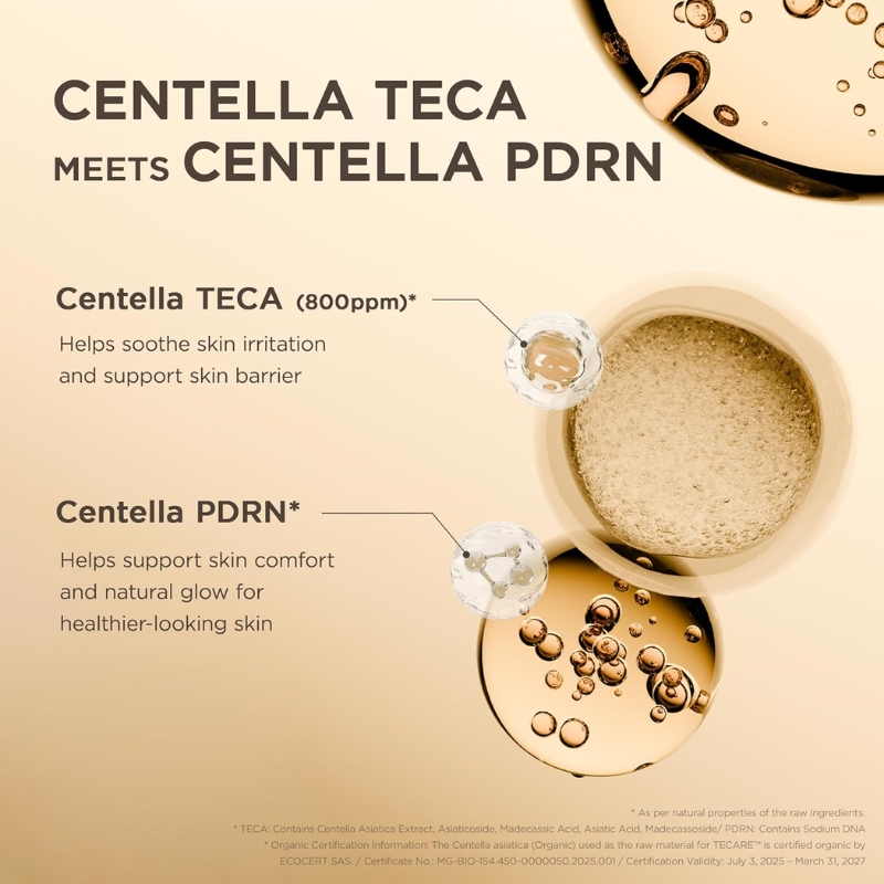 Infographic comparing Centella TECA and Centella PDRN: TECA soothes irritation and supports skin barrier; PDRN supports skin comfort and natural glow for healthier-looking skin.