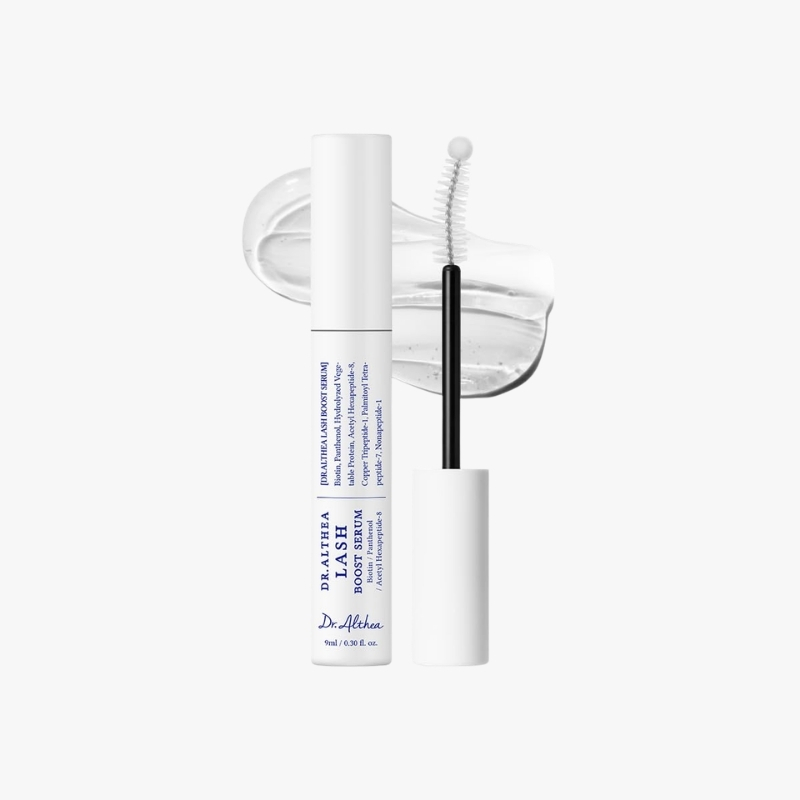 Lash serum tube with a black-and-white wand applicator beside a translucent gel splash on a white background.