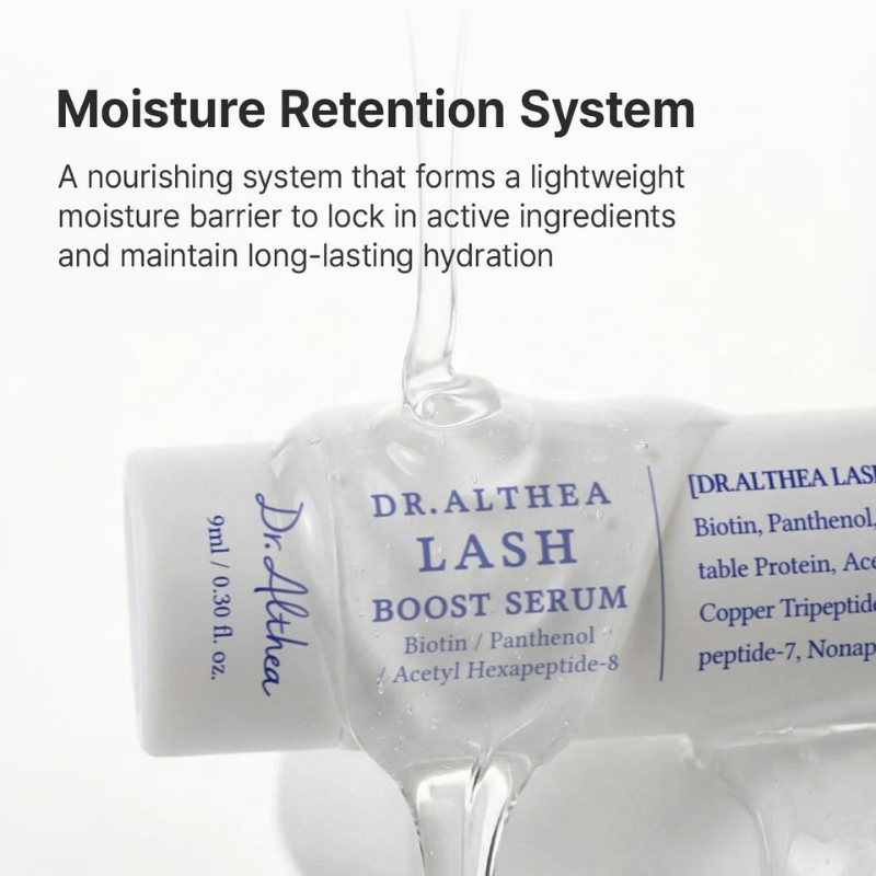 Moisture Retention System banner over a lash serum bottle showing Dr. Althea Lash Boost Serum.