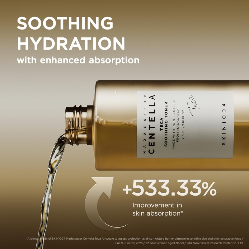 Advertisement for a skincare product: golden bottle pouring liquid with the caption 'Soothing Hydration' and '+533.33% Improvement in skin absorption'