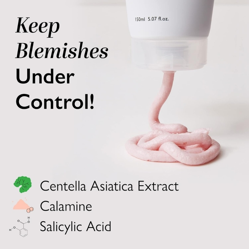 Skin care product tube dispensing pink paste with the slogan ‘Keep Blemishes Under Control!’ and ingredients Centella Asiatica Extract, Calamine, Salicylic Acid