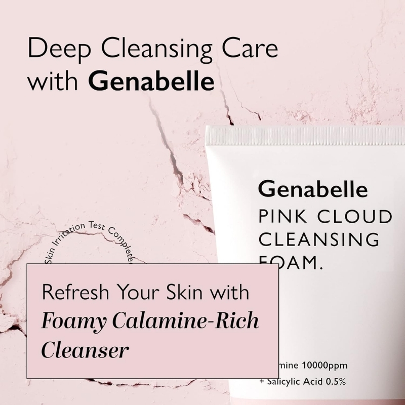 Ad for Genabelle Pink Cloud Cleansing Foam on a pink background with a promo box: 'Refresh Your Skin with Foamy Calamine-Rich Cleanser'.