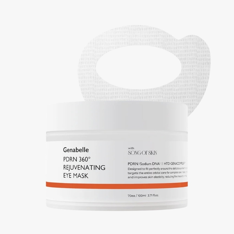 Genabelle PDRN 360° Rejuvenating Eye Mask jar with orange stripe and a white fitting eye mask in the background